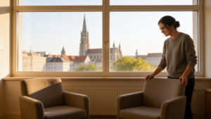 Baha Meier-Arian in einem Beratungsraum mit Blick auf Ulm